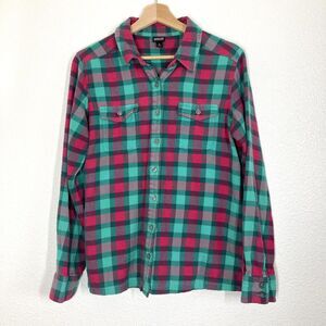Patagonia Fjord Flannel Shirt Womens 8 Green Pink Plaid Organic Cotton Button Up
